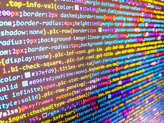 Javascript functions, variables, objects. Abstract computer script code on screen. Creative focus effect. Database bits access stream visualisation