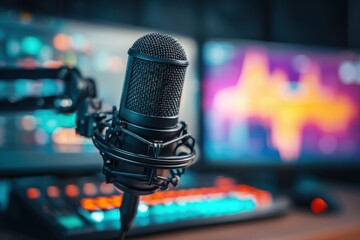 Professional Microphone Setup for Podcasting, Streaming, and Recording with Dual Monitors and Keyboard
