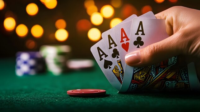 Holding a winning poker hand of four aces against a backdrop of blurry casino lights.
