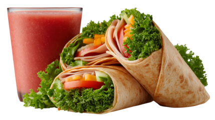 A complete and satisfying meal combination featuring a freshly made rolled sandwich wrap alongside a refreshing cold drink in a clear cup with a drinking straw for convenience.