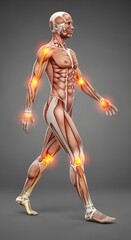 Anatomical Figure Walking with Red Joint Pain on Gray Background
