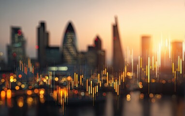 Blurred London cityscape overlaid with financial charts at sunset