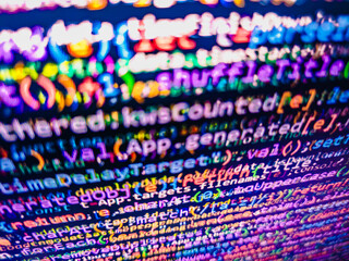 Website programming code. Programming code on black background. Wanna cry virus computer desktop on its monitor. Big data database app. Web developer programmer monitor screen display