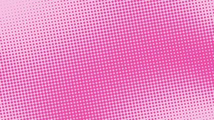 Retro style pop art design with pink gradient dot pattern.