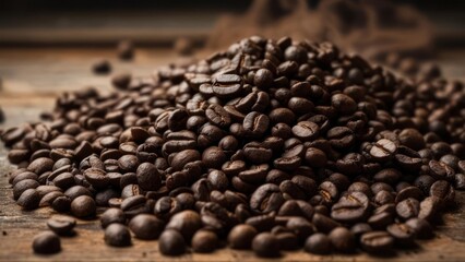 Obraz premium Rich Dark Roasted Coffee Beans Piled High on Rustic Wooden Surface.