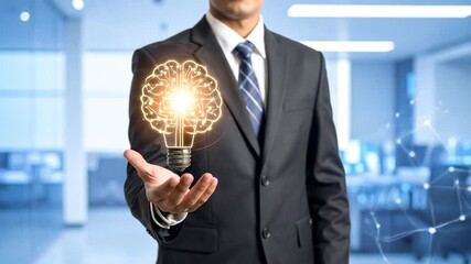 Businessman holding a glowing lightbulb with a brain graphic - Powered by Adobe