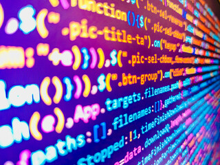 IT coding on monitor screen. Closeup of Java Script, CSS and HTML. Website Coding. S. Software abstract background. HTML website structure. Websit. Programming, webdesign HTML printed code