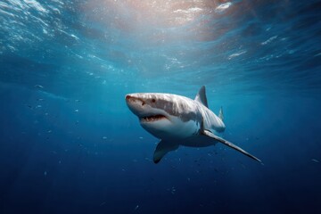 Fototapeta premium White shark swimming gracefully in deep blue sea, showcasing its powerful presence and sharp features, surrounded by small fish in vibrant underwater environment