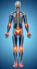 Obraz premium Human Skeleton Back View with Red Joint Pain on Blue Background