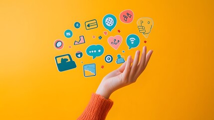 Hand Holding Social Media and Communication Icons on a Vibrant Orange Background