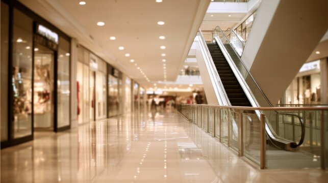Bright Interior of Modern Shopping Mall with Escalator and Retail Stores, Blurred Background - Powered by Adobe