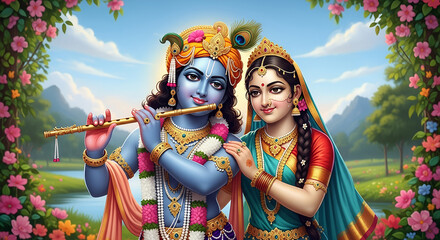 krishna and radha, hindu divine couple, romantic landscape, beautiful illustration, intricate details, vibrant colors, serene scene, idyllic setting, pastoral background, traditional indian art style,