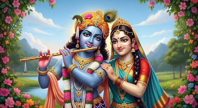 krishna and radha, hindu divine couple, romantic landscape, beautiful illustration, intricate details, vibrant colors, serene scene, idyllic setting, pastoral background, traditional indian art style,