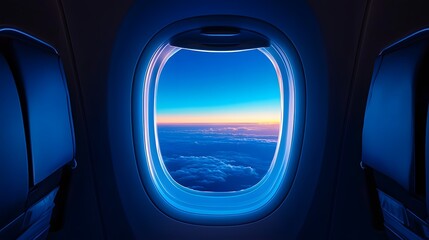 Serene View from an Airplane Window with a Blue Neon Glow and Sunset Horizon