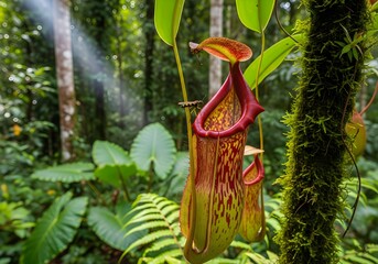 Timelapse of Carnivorous Pitcher Plant or Monkey cups growing in Rainforest Jungle. Carnivorous Plant Lures In and Eats Insects Hangs from Vines, Borneo, Malaysia.
