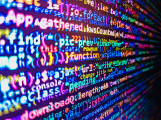 Vignette light and dark shadow dramatic effect. Programming Work Time. The flow of digital information strings. Developer occupation work photo. . PHP development, software site code. Creative Js HTML