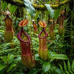 Timelapse of Carnivorous Pitcher Plant or Monkey cups growing in Rainforest Jungle. Carnivorous Plant Lures In and Eats Insects Hangs from Vines, Borneo, Malaysia.

