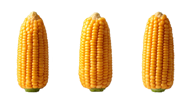 A detailed studio photograph capturing the vibrant natural texture and color of three fresh ears of corn showcasing the plump individual kernels and leafy green husks in a rustic setting.