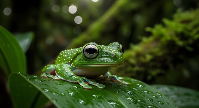 Close up of a Leaf Frog (Agalychnis hulli) in natural habitat, Amazon rainforest in Ecuador.
