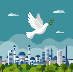 Obraz premium A white dove carrying an olive branch flying above a skyline with mosques, representing Islamic peace and harmony.