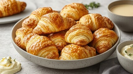 Freshly Baked Croissants on Plate with Butter and Coffee for Breakfast or Brunch Setting