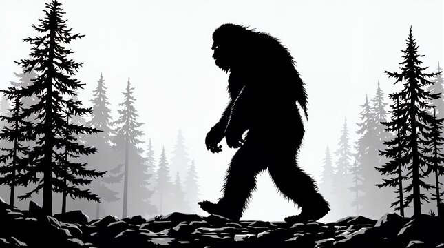 Bigfoot Silhouette Walking Through Misty Forest - High-Quality Vector Graphic