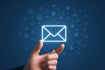 Email Marketing Concept: Hand Holding Glowing Envelope Icon with Connected Network on Blue Background