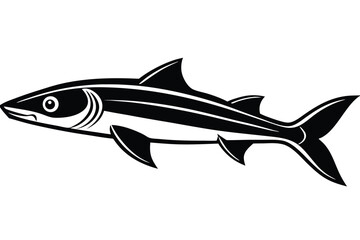 Black silhouette depicts the side profile of a mackerel scad swimming on clear background
