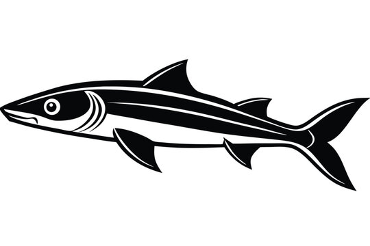 Black silhouette depicts the side profile of a mackerel scad swimming on clear background