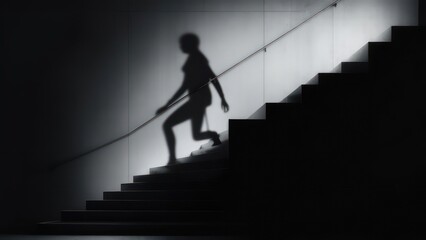 Silhouette Ascending Stairs Dramatic Lighting Architectural Minimalism Shadow Play.