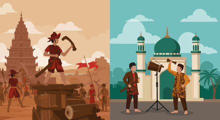 Naklejka premium contrasts two cultural practices, with a person playing traditional