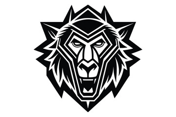 An artistic black lion head boldly roars in a stylized and geometric design