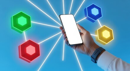 Mobile Technology Connecting Colorful Network: Man Holding Smartphone Displays Blockchain, Cryptocurrency, and Data Connectivity