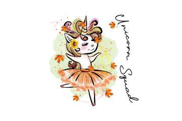 Unicorn Squad Ballerina Fall Girl Illustration | Cute Magical Dance Sublimation T shirt design	