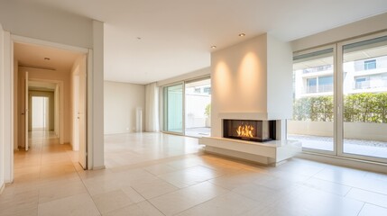 Fototapeta premium Bright, Open-Concept Living Room with Fireplace and Balcony in Modern Home Interior Design
