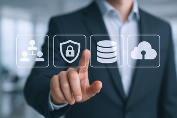 Data Security and Cloud Technology: A Businessman Interacting with Virtual Icons Representing Modern Digital Solutions