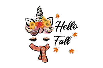  Hello Fall Unicorn Face with Flower Crown and Scarf | Warm Autumn Vibes Sublimation T shirt design	