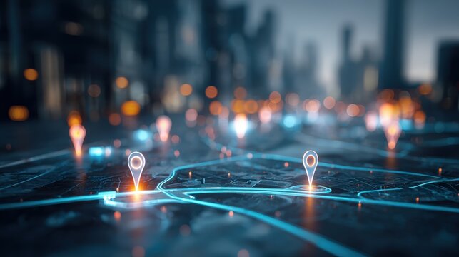 Digital Cityscape with Location Pins: Futuristic Urban Navigation and Connectivity, Conceptual Technology