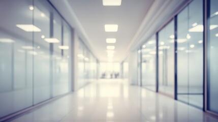 Blurred Modern Office Corridor with Glass Walls and Bright Lighting Creates a Spacious Atmosphere