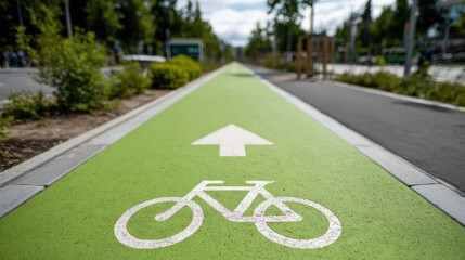 Obraz premium Designated Green Bicycle Lane in Urban Park: Promoting Eco-Friendly Transportation and Healthy Lifestyle