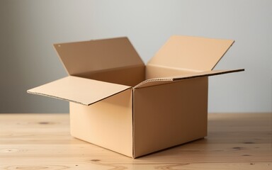 Open Sustainable Cardboard Box Mockup on Wooden Table. High quality