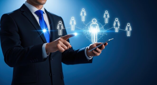 Business Professional Managing Virtual Team Network: Technology, Communication, and Collaboration for Remote Success on Blue Background