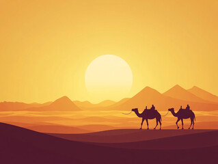 An artistic depiction of a camel caravan journeying across a desert landscape at sunset. The silhouettes of the camels and riders are framed by sand dunes and mountains, with a large, bright sun in th