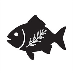 Silhouette of a fish with a single herb sprig, like rosemary placed diagonally.