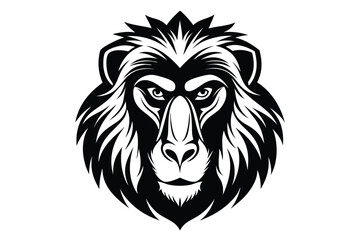 A majestic lion's bold monochrome face stares directly forward with intense, striking detail