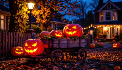 Spooky Halloween pumpkins glow warmly in charming neighborhood, creating festive atmosphere with autumn leaves scattered around. scene is inviting and captures essence of holiday spirit