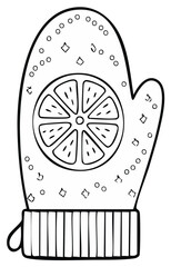 Outline of a mitten with a slice of citrus and various shapes for coloring or design projects