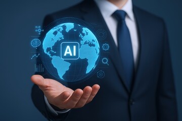 AI Integration: Businessman Displaying a Holographic Earth with Artificial Intelligence Technology for Global Business Solutions