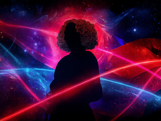 Silhouette of a person against a vibrant cosmic background with colorful light streaks