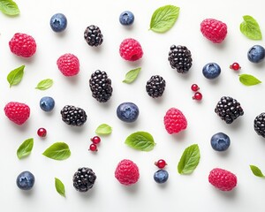Fresh and Vibrant Assortment of Berries and Green Leaves on Light Background for Healthy Lifestyle Imagery